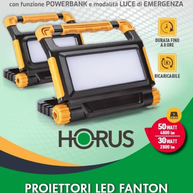 HORUS - FARETTI LED PORTATILI RICARICABILI con funzione POWERBANK e modalità LUCE di EMERGENZA